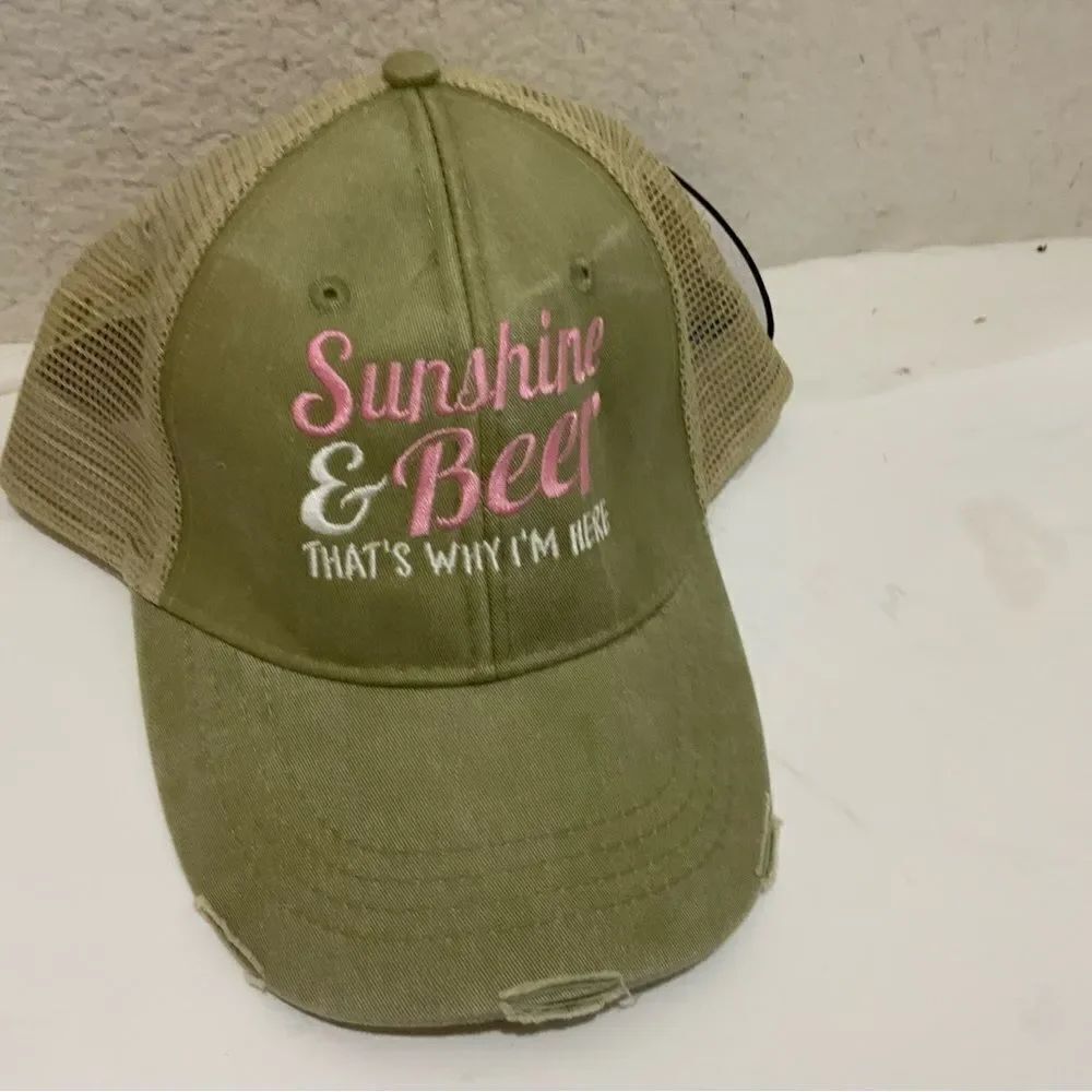 “Sunshine and Beer That’s Why I’m Here” Summer Pink and khaki Hat